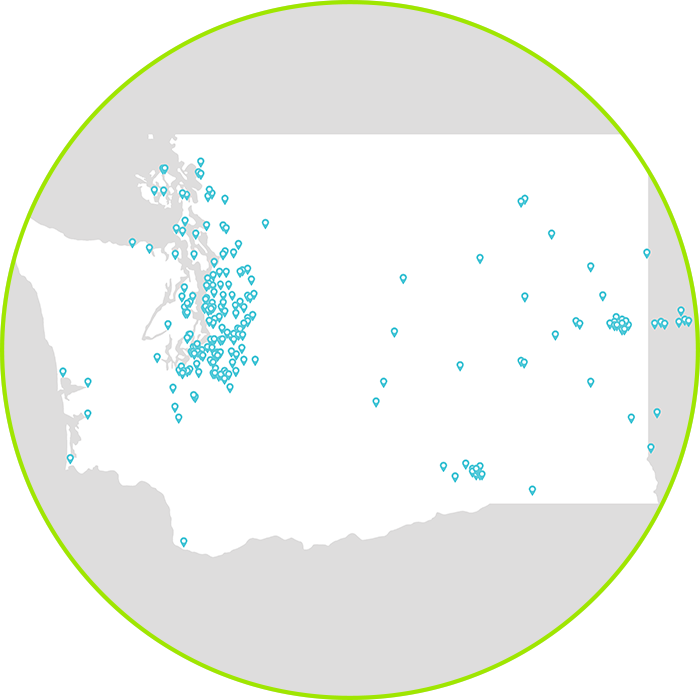 Map of Washington State with scattered blue location pins representing Embright network providers