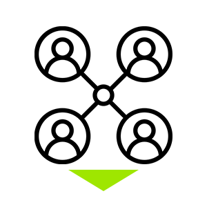 Four people icons connected in the center with a green down arrow displaying underneath