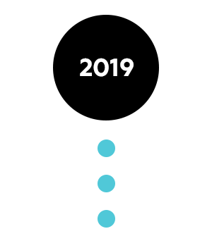 A black circle that reads 2019, with three small blue circles underneath