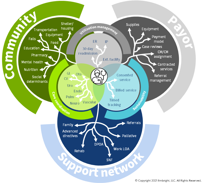 A graphic depicting Embright's integrated care model, highlighting three main areas of Community, Support Network, and Payor